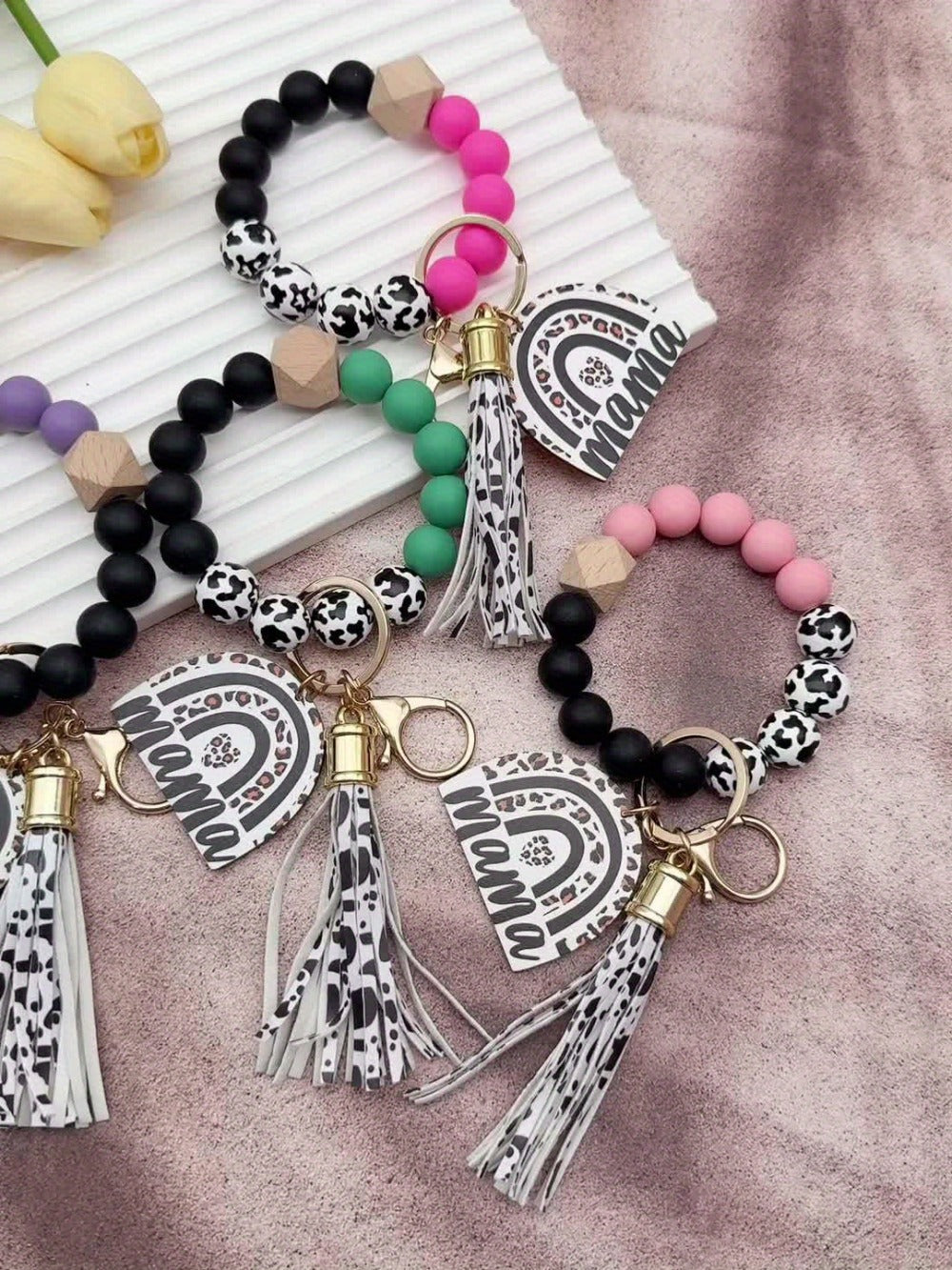 Keychain - Cow Print Beaded Wrist Set 5pcs Monochrome & Cow Pattern Tassel Leopard - product detail view 10
