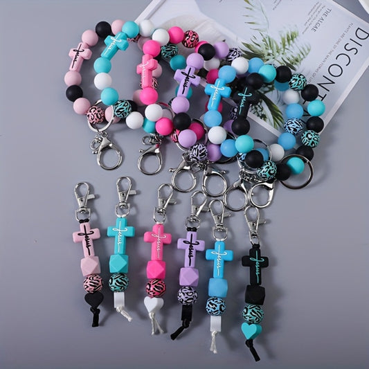 Keychain - Cross Beaded Wrist Set 6pcs Religious Bead Wristlet Key Ring Bulk Pack - main product view