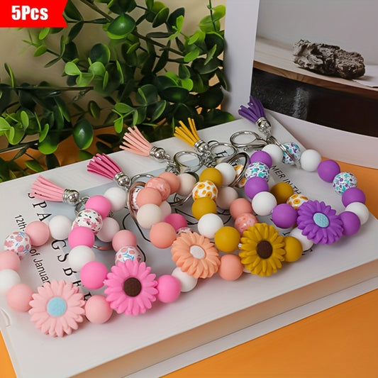 Keychain - Daisy Flower Silicone Set 5pcs Printed Wooden Bead Key Ring, Boho Floral - main product view