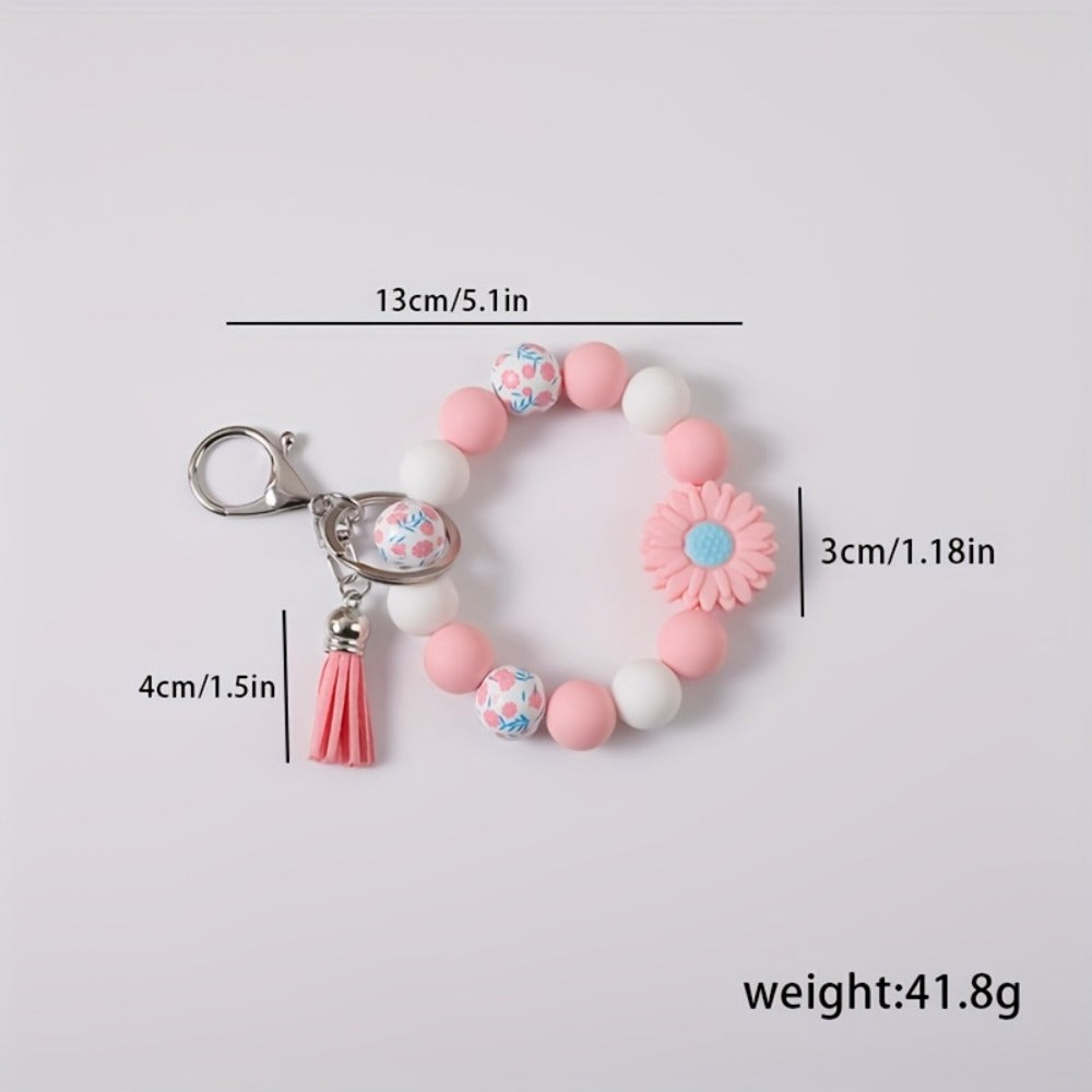 Keychain - Daisy Flower Silicone Set 5pcs Printed Wooden Bead Key Ring, Boho Floral - product detail view 2