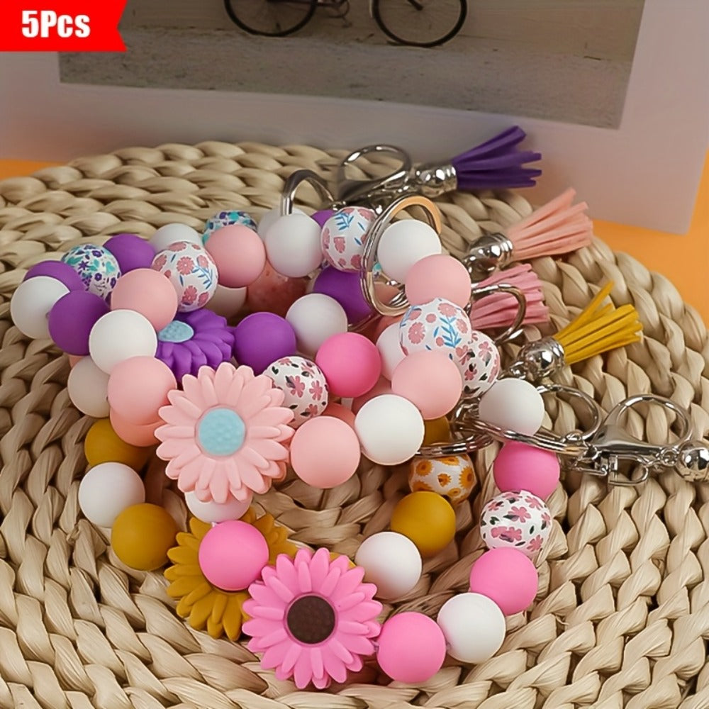 Keychain - Daisy Flower Silicone Set 5pcs Printed Wooden Bead Key Ring, Boho Floral - product detail view 5