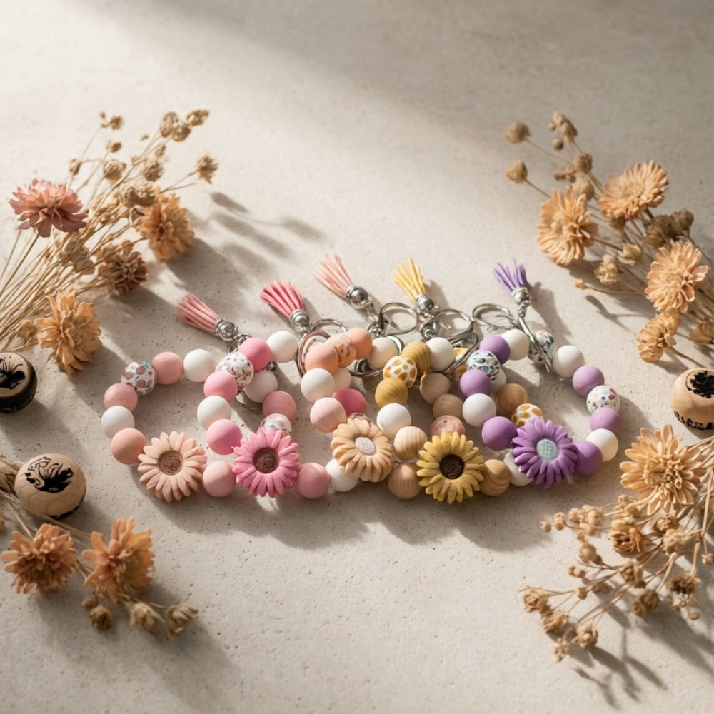 Keychain - Daisy Flower Silicone Set 5pcs Printed Wooden Bead Key Ring, Boho Floral - product detail view 6