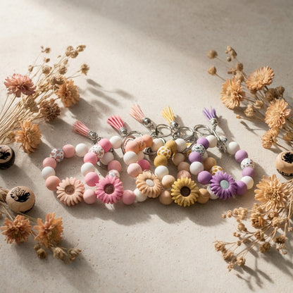 Keychain - Daisy Flower Silicone Set 5pcs Printed Wooden Bead Key Ring, Boho Floral - product detail view 6