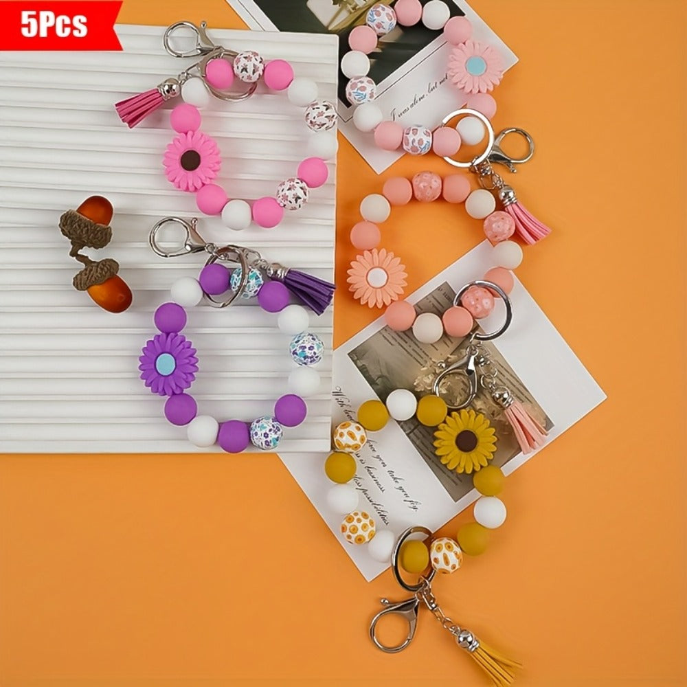 Keychain - Daisy Flower Silicone Set 5pcs Printed Wooden Bead Key Ring, Boho Floral - product detail view 7