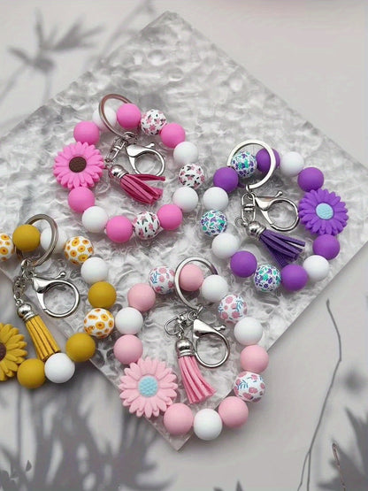 Keychain - Daisy Flower Silicone Set 5pcs Printed Wooden Bead Key Ring, Boho Floral - product detail view 8
