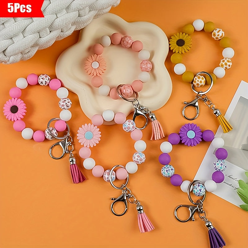 Keychain - Daisy Flower Silicone Set 5pcs Printed Wooden Bead Key Ring, Boho Floral - product detail view 9