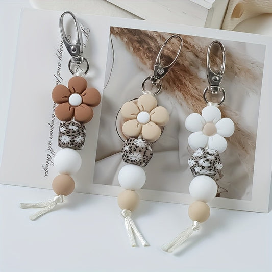 Keychain - Flower Bead Set 3 Pcs - Cute Mini Floral Beaded for Women Girls, Handmade - main product view