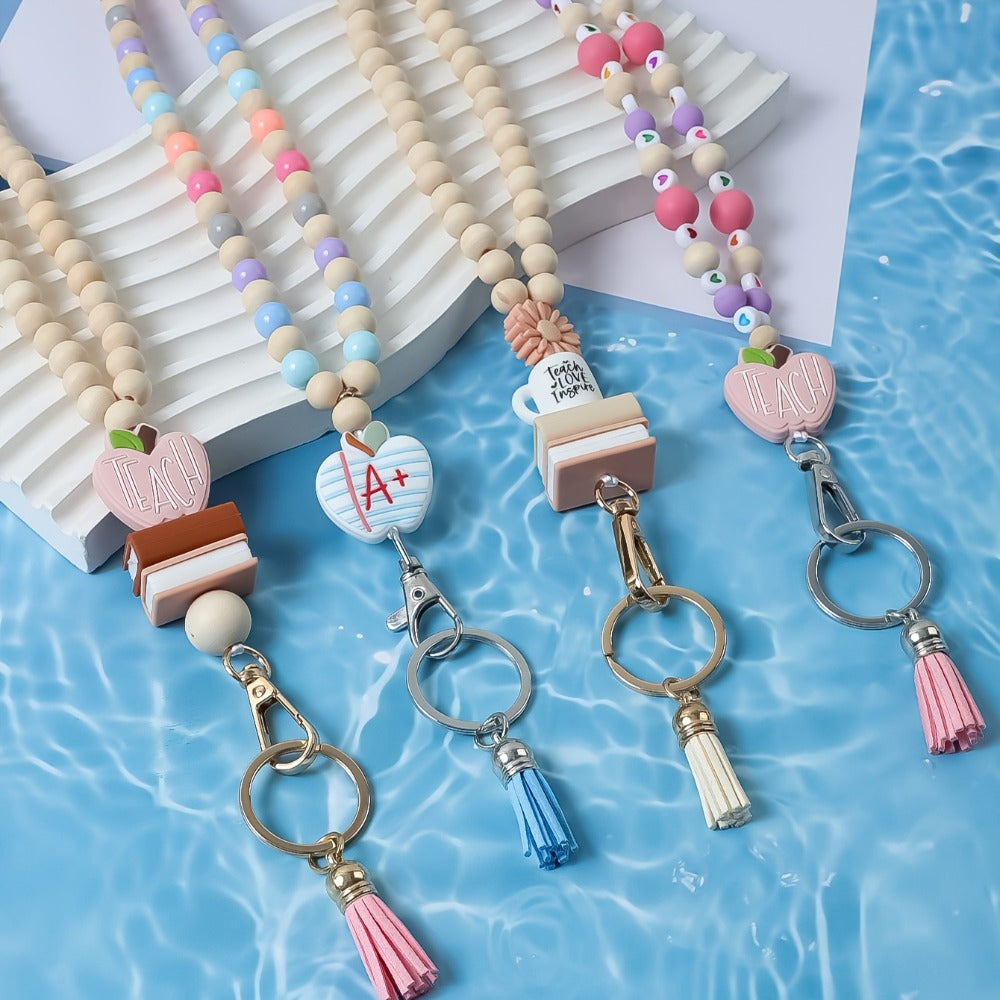 Keychain - Handmade Beaded with Tassel Cute Acrylic Charm Key Ring with Daisy, Apple - main product view