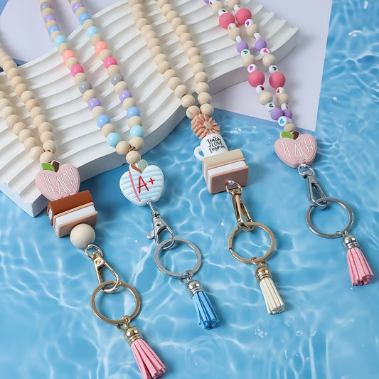 Keychain - Handmade Beaded with Tassel Cute Acrylic Charm Key Ring with Daisy, Apple - main product view