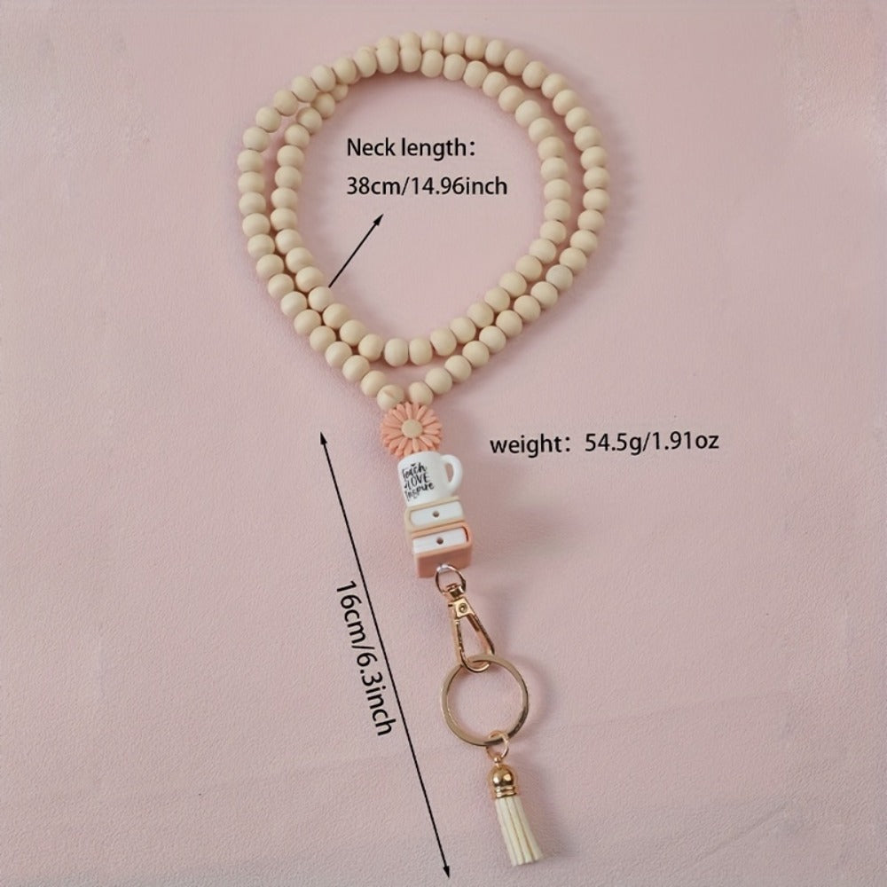 Keychain - Handmade Beaded with Tassel Cute Acrylic Charm Key Ring with Daisy, Apple - product detail view 2