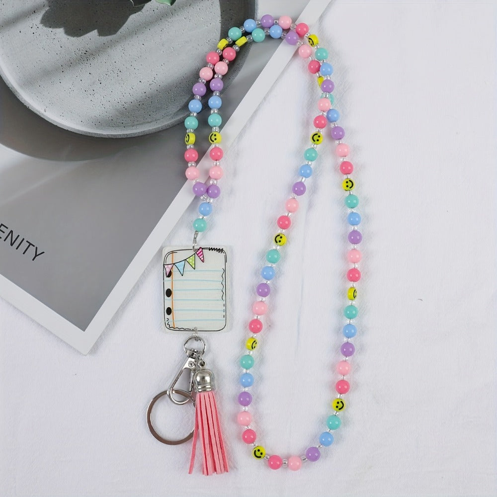 Keychain - Handmade Beaded with Tassel Cute Acrylic Charm Key Ring with Daisy, Apple - product detail view 3