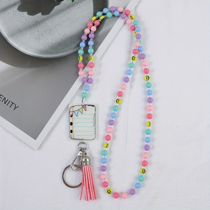 Keychain - Handmade Beaded with Tassel Cute Acrylic Charm Key Ring with Daisy, Apple - product detail view 3
