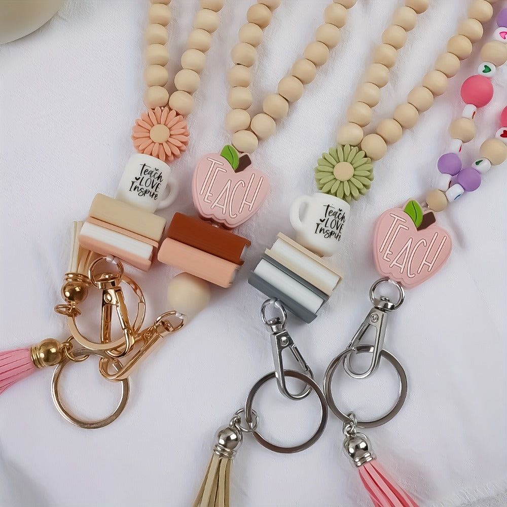 Keychain - Handmade Beaded with Tassel Cute Acrylic Charm Key Ring with Daisy, Apple - product detail view 4