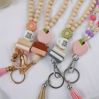 Keychain - Handmade Beaded with Tassel Cute Acrylic Charm Key Ring with Daisy, Apple - product detail view 4