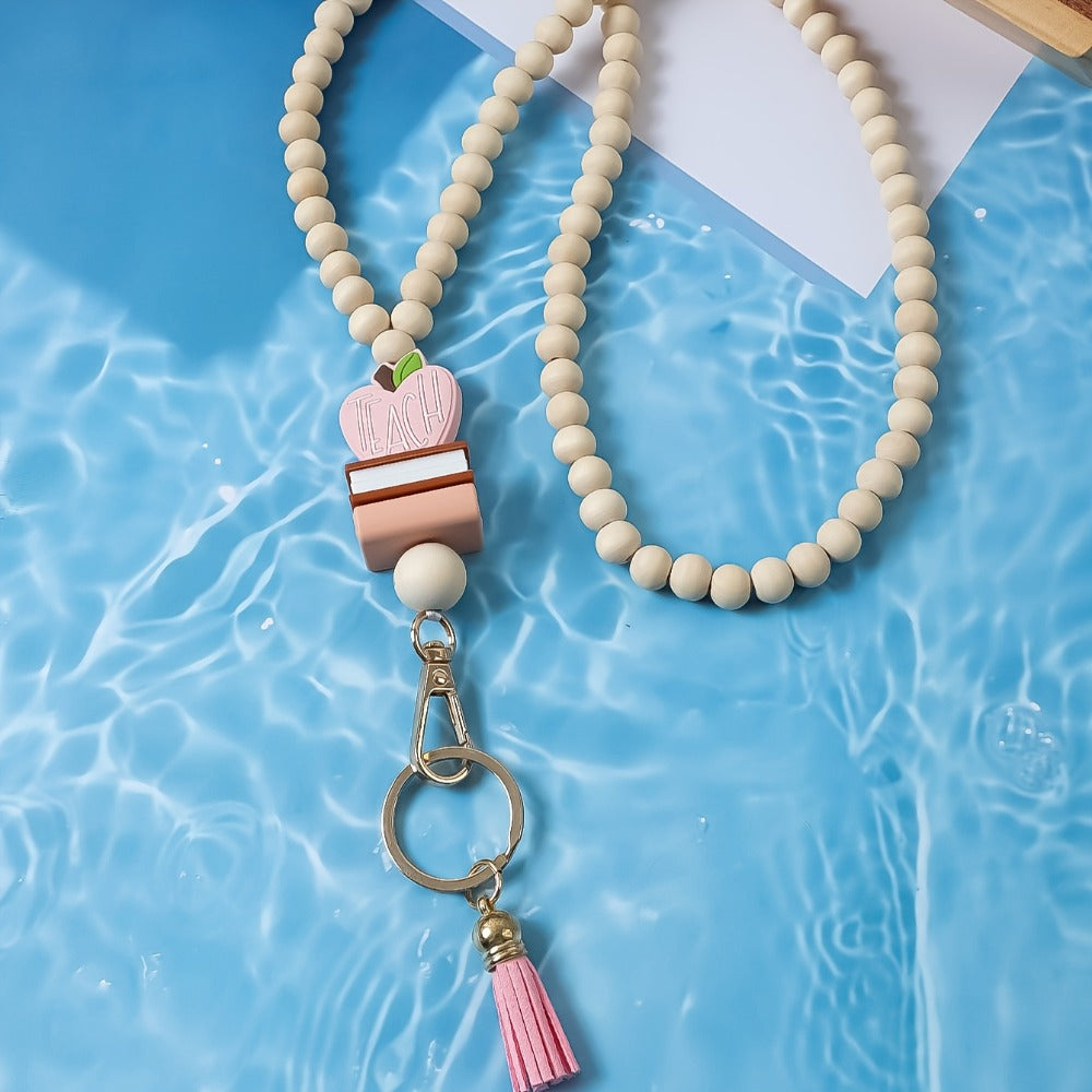 Keychain - Handmade Beaded with Tassel Cute Acrylic Charm Key Ring with Daisy, Apple - product detail view 6