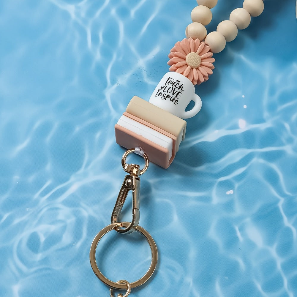 Keychain - Handmade Beaded with Tassel Cute Acrylic Charm Key Ring with Daisy, Apple - product detail view 8
