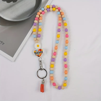 Keychain - Handmade Beaded with Tassel Cute Acrylic Charm Key Ring with Daisy, Apple - product detail view 9