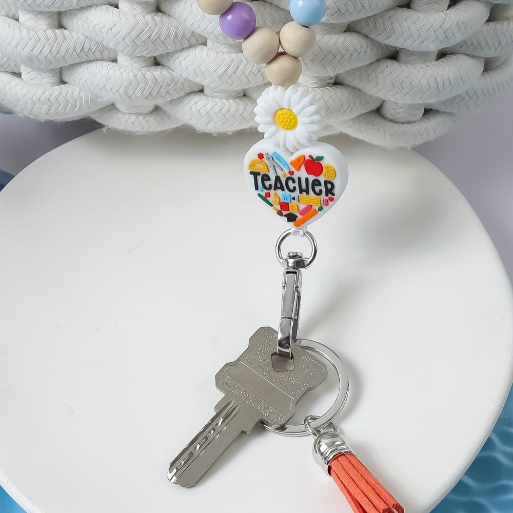 Keychain - Handmade Beaded with Tassel Cute Acrylic Charm Key Ring with Daisy, Apple - product detail view 10