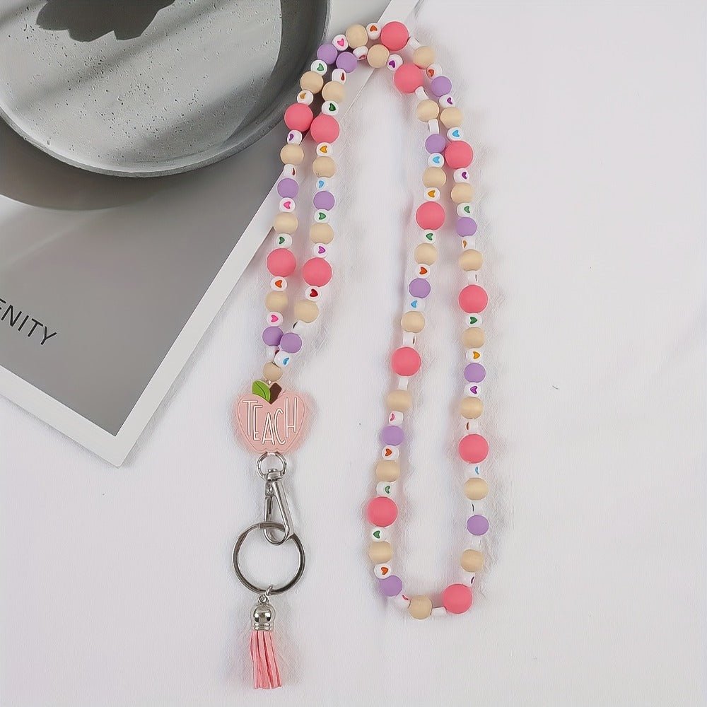 Keychain - Handmade Beaded with Tassel Cute Acrylic Charm Key Ring with Daisy, Apple - product detail view 11