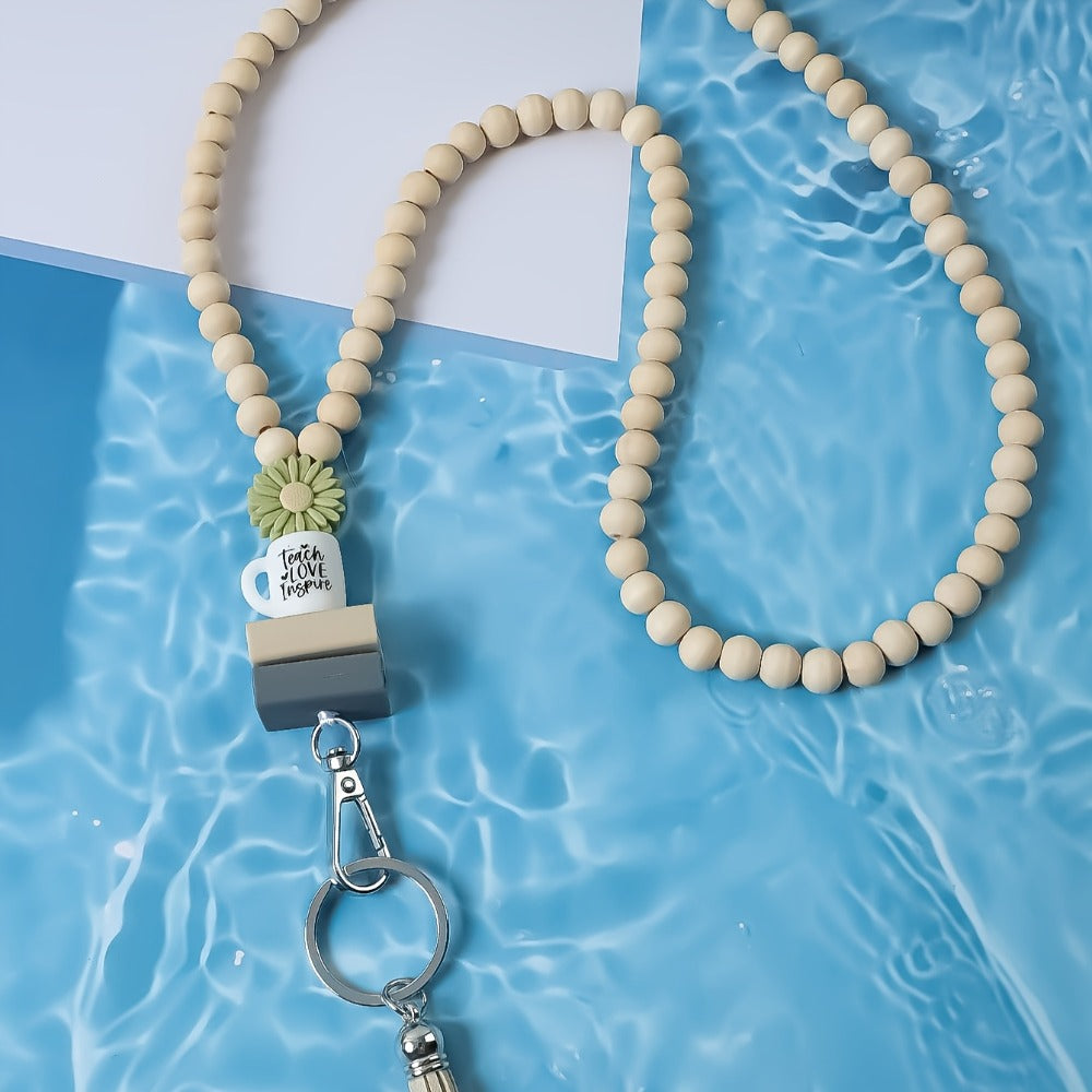 Keychain - Handmade Beaded with Tassel Cute Acrylic Charm Key Ring with Daisy, Apple - product detail view 12