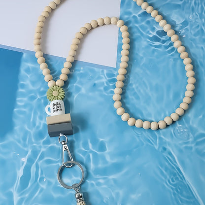 Keychain - Handmade Beaded with Tassel Cute Acrylic Charm Key Ring with Daisy, Apple - product detail view 12