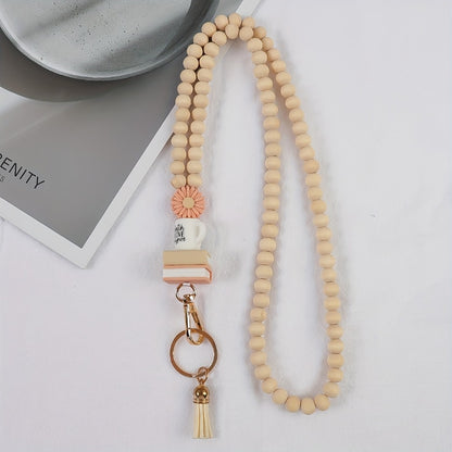 Keychain - Handmade Beaded with Tassel Cute Acrylic Charm Key Ring with Daisy, Apple - product detail view 13