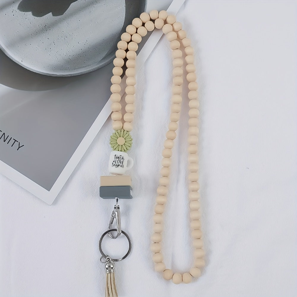 Keychain - Handmade Beaded with Tassel Cute Acrylic Charm Key Ring with Daisy, Apple - product detail view 14
