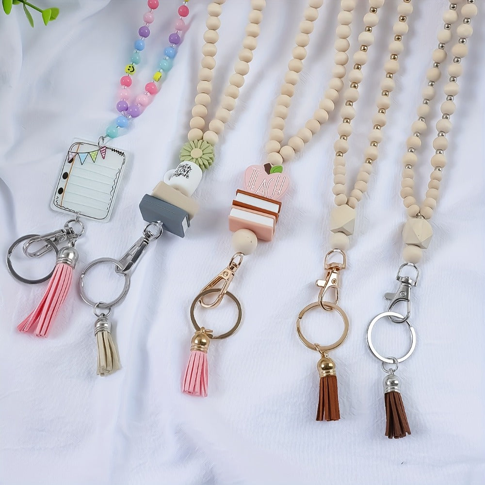 Keychain - Handmade Beaded with Tassel Cute Acrylic Charm Key Ring with Daisy, Apple - product detail view 15