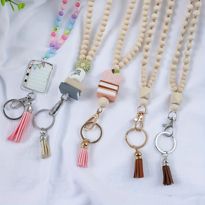Keychain - Handmade Beaded with Tassel Cute Acrylic Charm Key Ring with Daisy, Apple - product detail view 15
