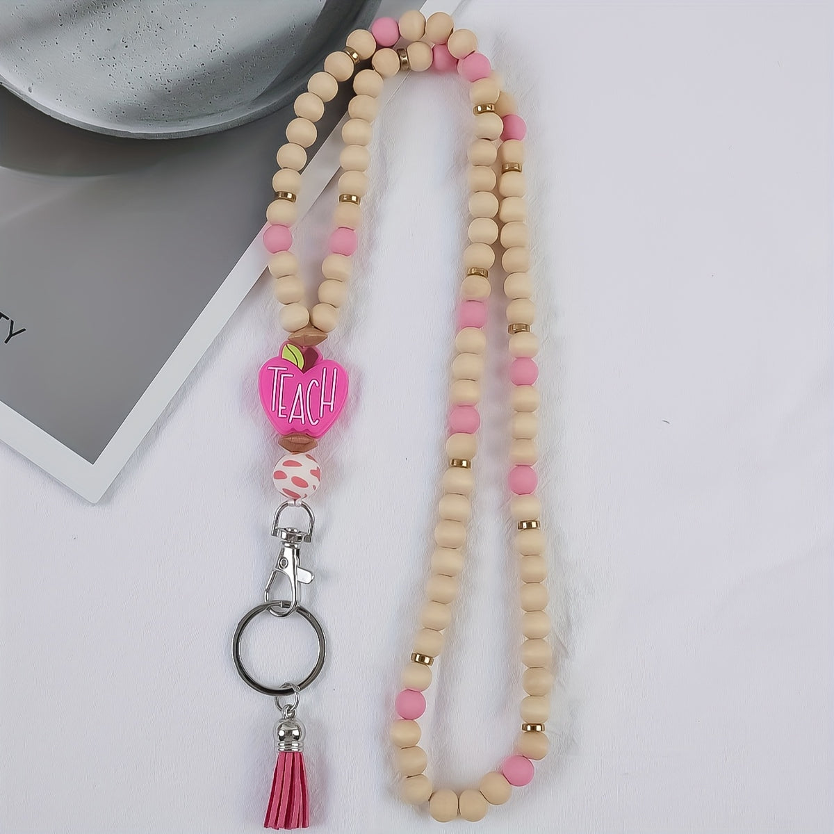 Keychain - Handmade Beaded with Tassel Cute Acrylic Charm Key Ring with Daisy, Apple - product detail view 17