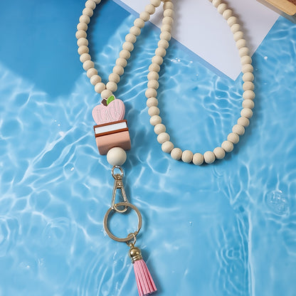 Keychain - Handmade Beaded with Tassel Cute Acrylic Charm Key Ring with Daisy, Apple - product detail view 20