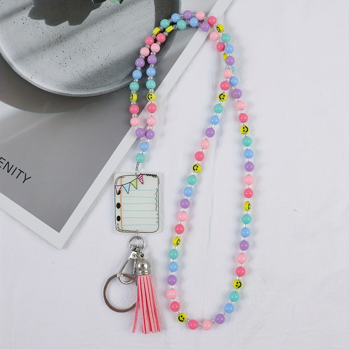 Keychain - Handmade Beaded with Tassel Cute Acrylic Charm Key Ring with Daisy, Apple - product detail view 21