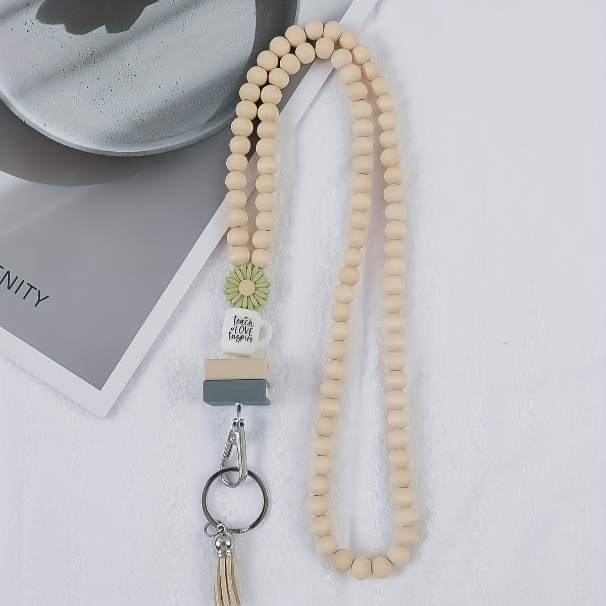 Keychain - Handmade Beaded with Tassel Cute Acrylic Charm Key Ring with Daisy, Apple - product detail view 23