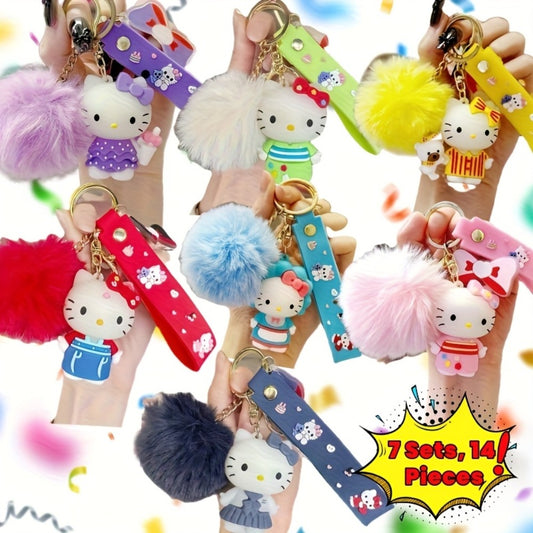 Keychain - Hello Kitty Set 14pcs Sanrio Cartoon Glitter Key Rings & Cute Ball Bag - main product view