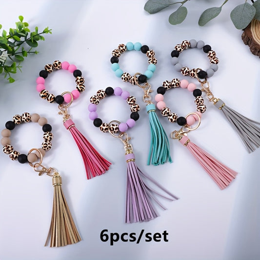 Keychain - Leopard Print Silicone & Wood Bead Wrist Set 6pcs Tassel Wristlet Key Ring - main product view
