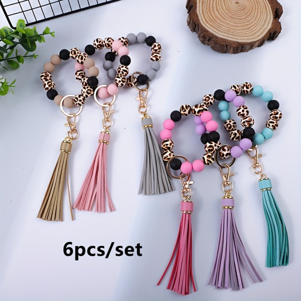 Keychain - Leopard Print Silicone & Wood Bead Wrist Set 6pcs Tassel Wristlet Key Ring - product detail view 8