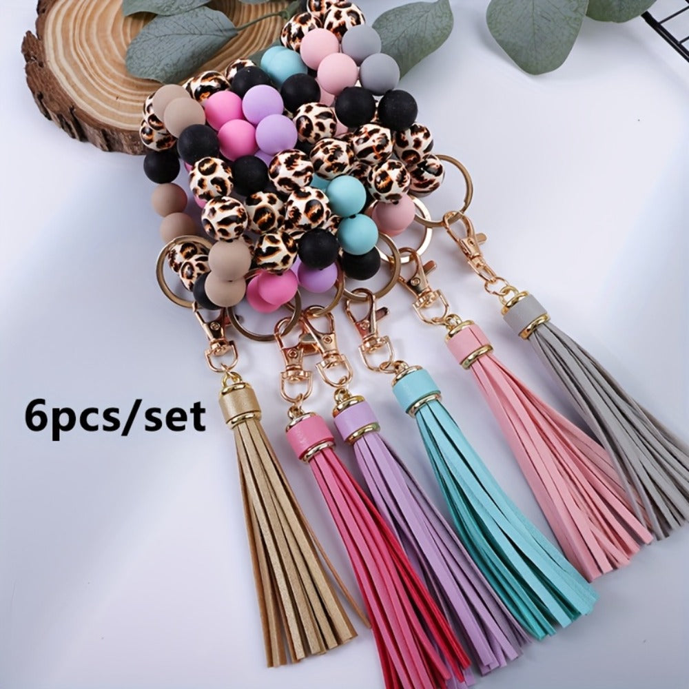 Keychain - Leopard Print Silicone & Wood Bead Wrist Set 6pcs Tassel Wristlet Key Ring - product detail view 9
