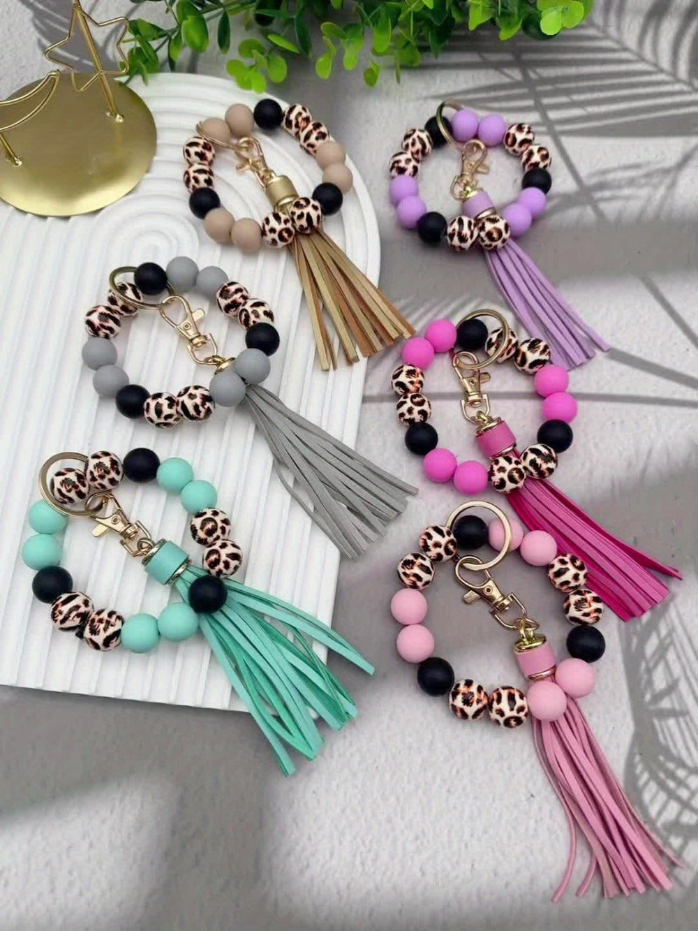Keychain - Leopard Print Silicone & Wood Bead Wrist Set 6pcs Tassel Wristlet Key Ring - product detail view 10