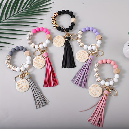 Keychain - MAMA Set 5 Pcs - Leopard Print Wooden Bead Wrist Keyring with PU Tassel & - product detail view 3