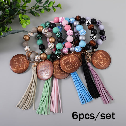 Keychain - MAMA Wooden Bead Set 6pcs Printed Wood Plaque Charm with Tassel & Wrist - main product view