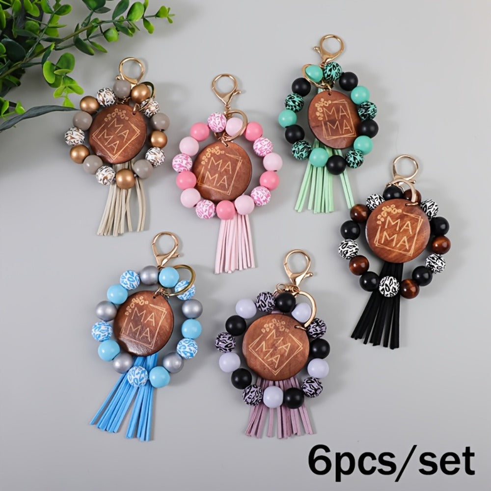 Keychain - MAMA Wooden Bead Set 6pcs Printed Wood Plaque Charm with Tassel & Wrist - product detail view 3