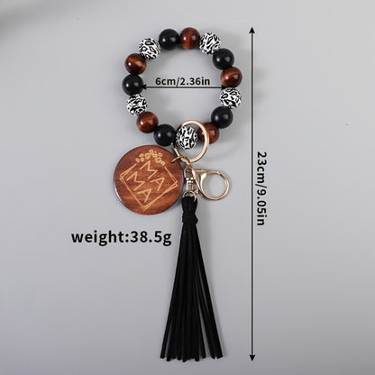Keychain - MAMA Wooden Bead Set 6pcs Printed Wood Plaque Charm with Tassel & Wrist - product detail view 4