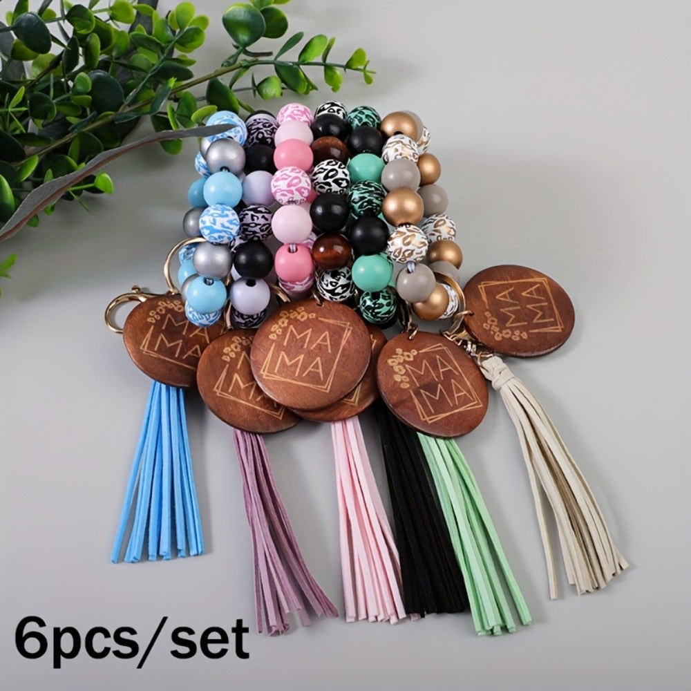 Keychain - MAMA Wooden Bead Set 6pcs Printed Wood Plaque Charm with Tassel & Wrist - product detail view 7