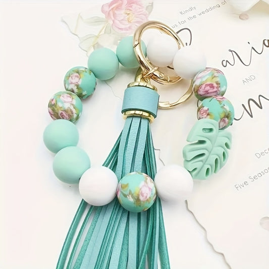 Keychain - Silicone Beaded with Leaf Charm & Tassel | Trendy Floral & Solid Color - main product view