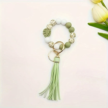Keychain - Silicone Beaded with Leaf Charm & Tassel | Trendy Floral & Solid Color - product detail view 5