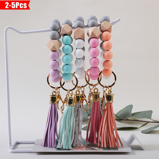 Keychain - Silicone Beaded Set Marble Pattern Handmade Beads PU Tassel Key Ring Bag - main product view
