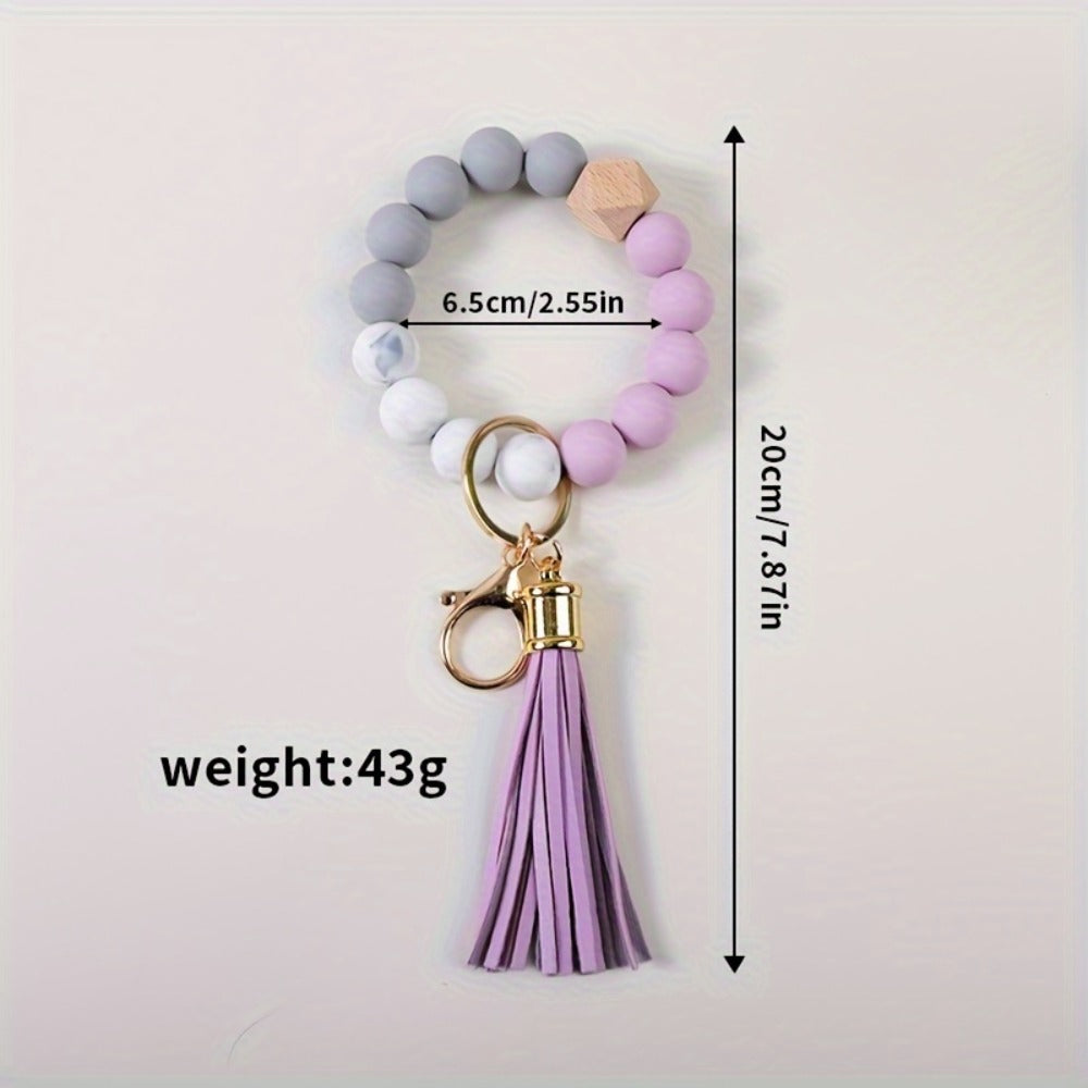Keychain - Silicone Beaded Set Marble Pattern Handmade Beads PU Tassel Key Ring Bag - product detail view 2