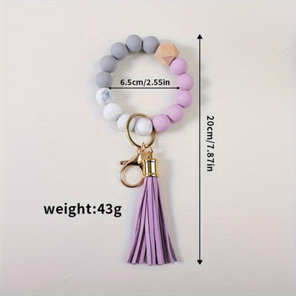Keychain - Silicone Beaded Set Marble Pattern Handmade Beads PU Tassel Key Ring Bag - product detail view 2