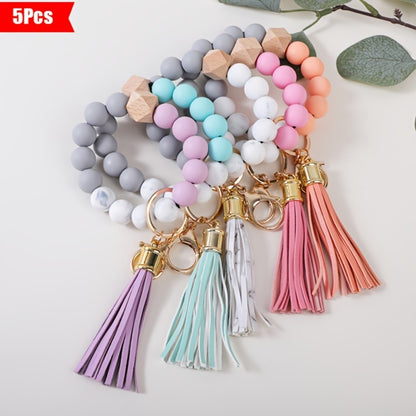 Keychain - Silicone Beaded Set Marble Pattern Handmade Beads PU Tassel Key Ring Bag - product detail view 3