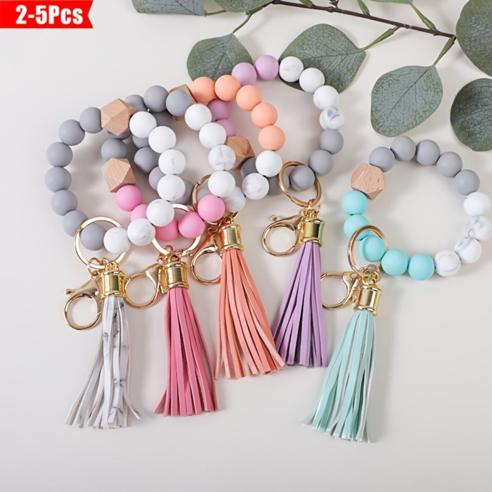 Keychain - Silicone Beaded Set Marble Pattern Handmade Beads PU Tassel Key Ring Bag - product detail view 4
